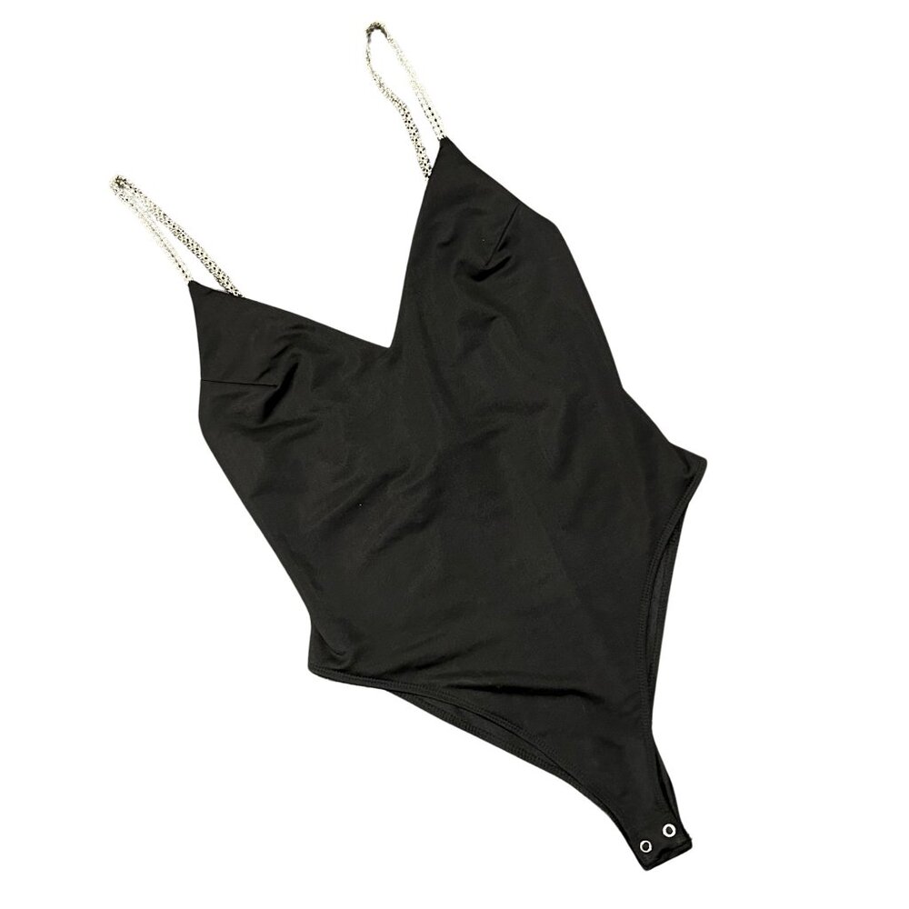 Forever 21 Black Bodysuit With Silver Rhinestone Straps